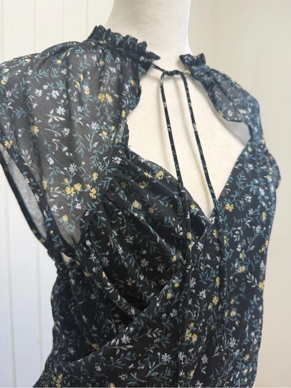 Free People Black Floral Tie-Neck Blouse